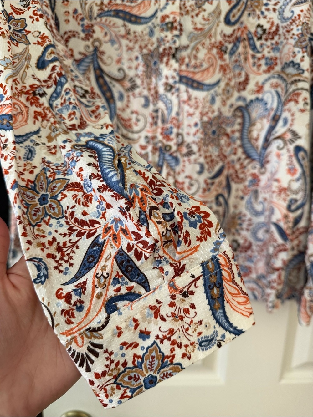 Women’s Paisley Button-Up Shirt - Blue & Brown on Cream - Picture 2 of 4